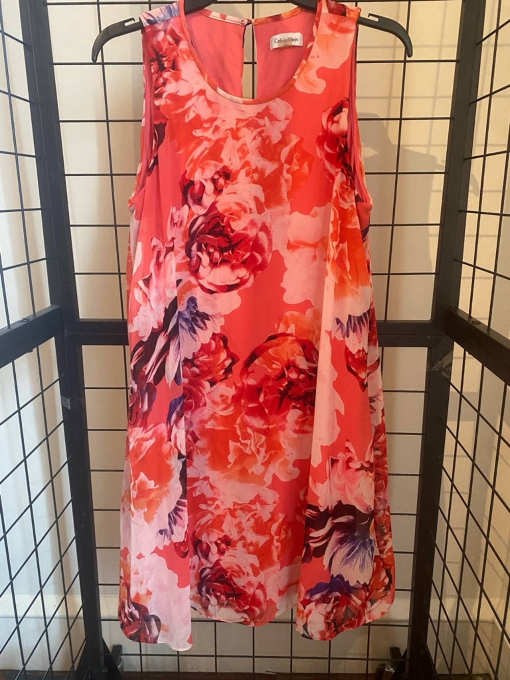 Calvin Klein Coral and Pink Floral Midi Sleeveless Dress